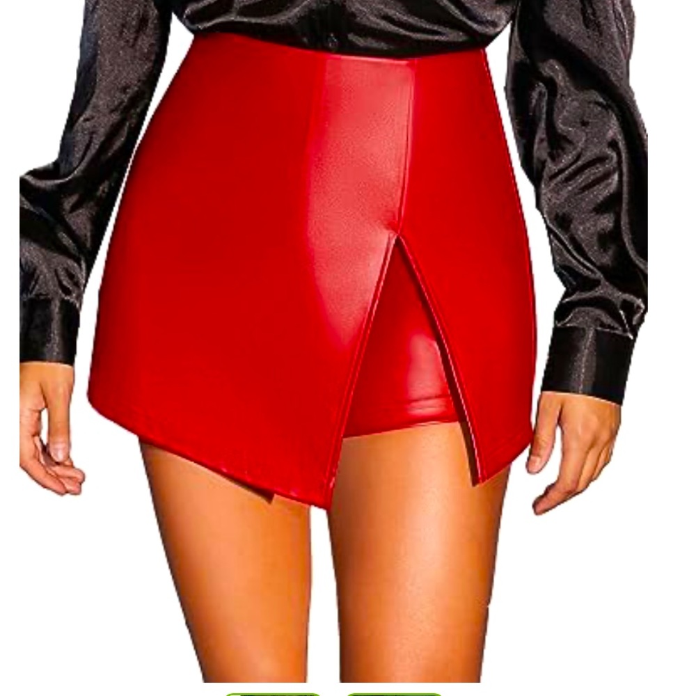 Red PU Leather Split Hem Skort